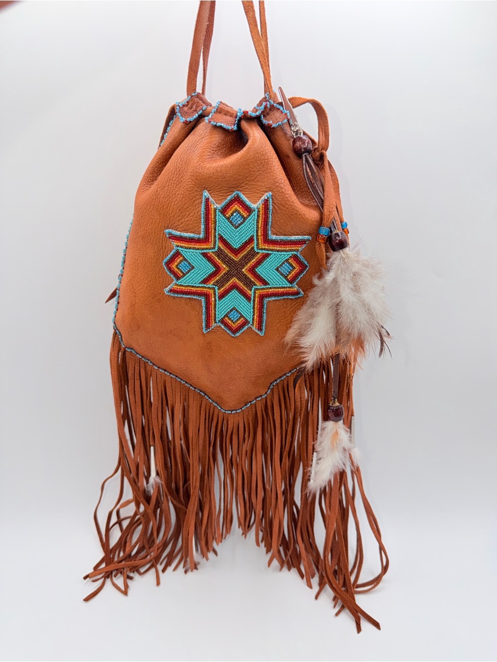 Native American Style Fringed Leather Drawstring Bag